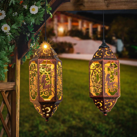 12.4 Inch Solar Outdoor Lanterns Waterproof Garden Lights With Moon And Star Cutouts, Hanging Patio Backyard Decor Red Copper 2 Pack