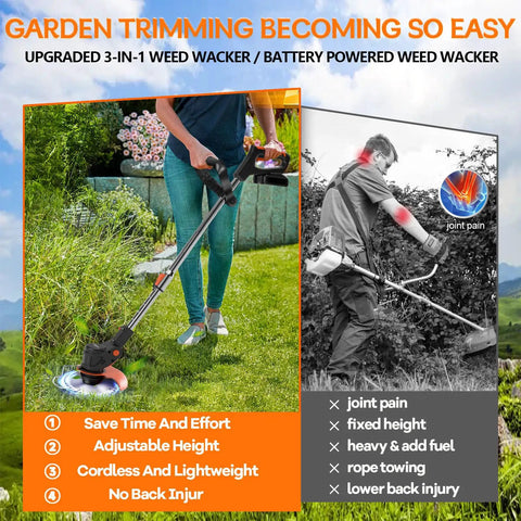 Cordless Weed Wacker With Dual 21V 2000mAh Batteries 3 In 1 Electric String Trimmer And Brush Cutter in garden use