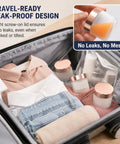 Score 16 Fresh 2 Oz Frosted Glass Sample Jars With Sleek Rose Gold Screw Caps and Tight Inner Liners in a suitcase.