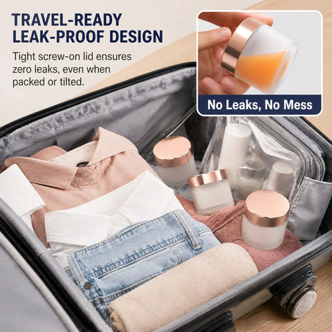 Score 16 Fresh 2 Oz Frosted Glass Sample Jars With Sleek Rose Gold Screw Caps and Tight Inner Liners in a suitcase.