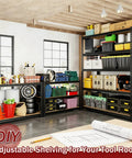 Beefy Heavy Duty Garage Shelving Rack 5 Tier Industrial Metal Storage Unit With 2400 Lbs Capacity in a garage setting