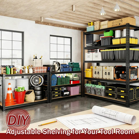 Beefy Heavy Duty Garage Shelving Rack 5 Tier Industrial Metal Storage Unit With 2400 Lbs Capacity in a garage setting