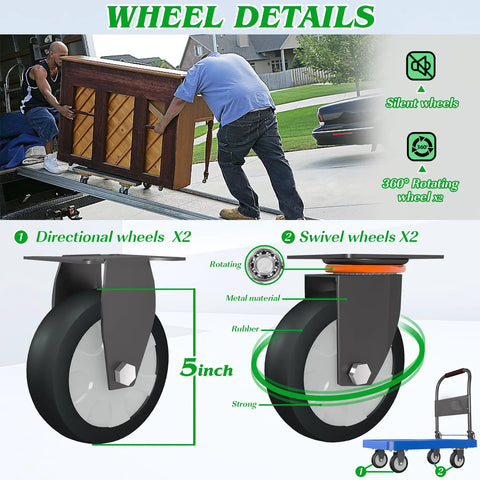 Diagram showing 360° swivel wheels and directional wheels for Beefy Heavy Duty Foldable Platform Cart With 880 Lb Capacity And 360 Degree Swivel Wheels Built With Four Steel Beam Supports For Maximum Stability Easy Glide Push Dolly For Warehouse Garage Or Home Use 27 By 18 By 31.5 Inches.