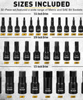Impact Hex Socket Set 36-Piece With Adapters, showing socket sizes for 1/4, 3/8, 1/2 inch drives in SAE and metric.