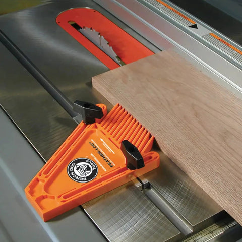 Built Like A Tank Table Saw Feather Board Lockdown System With Heavy Duty Polymer Build securing lumber on a table saw.