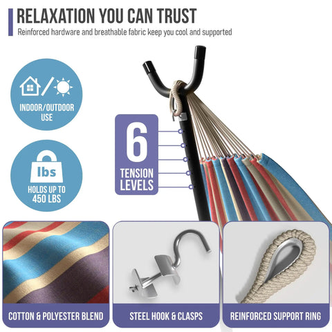 Two Person Luxury Hammock With Steel Stand Portable 450 Lbs Capacity Cotton Blend 60 Inch Bed color and support details