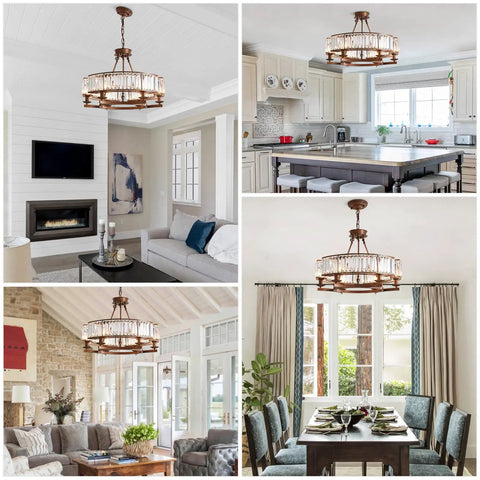 Six Light Vintage Round Crystal Chandelier With Farmhouse Wagon Wheel Vibe Flush Mount Ceiling Light over dining and living areas