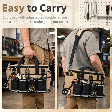 Hella Tough 14 Inch Heavy Duty Tool Bag Featuring Beefy Reinforced Fabric And Massive Main Compartment For Power Tools Measuring Instruments And Blueprints Pro Level 17 Pocket Workhorse Organizer