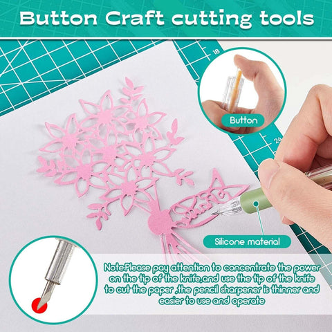 Lanties six-piece pen-style art cutting tools set for paper crafting; pink snowflake cutouts on a green cutting mat
