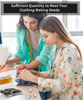Two women sewing with Go-To Heavy Duty Metal Hooks And Eyes Closure Set For Jeans, Denim, Trousers And Lingerie Repairs visible on table