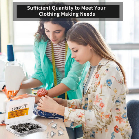 Two women sewing with Go-To Heavy Duty Metal Hooks And Eyes Closure Set For Jeans, Denim, Trousers And Lingerie Repairs visible on table