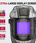 Front view of Auto Darkening Welding Helmet With Four Arc Sensors, Solar Powered, 1/1/1/1 Clarity, Beefy Viewing Screen.