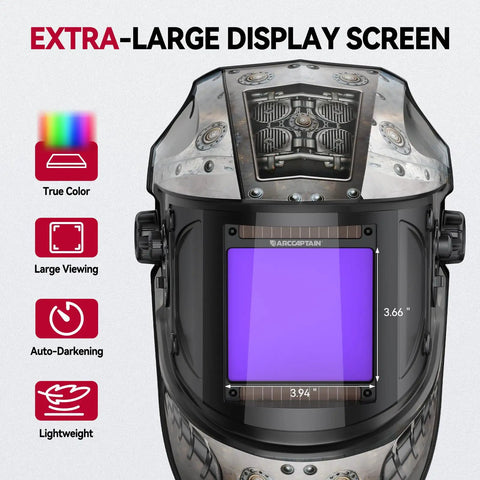 Front view of Auto Darkening Welding Helmet With Four Arc Sensors, Solar Powered, 1/1/1/1 Clarity, Beefy Viewing Screen.
