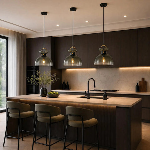 Tribesigns 11" Modern Pendant Lighting with Gradient Green Glass Shade hanging over a stylish kitchen island.