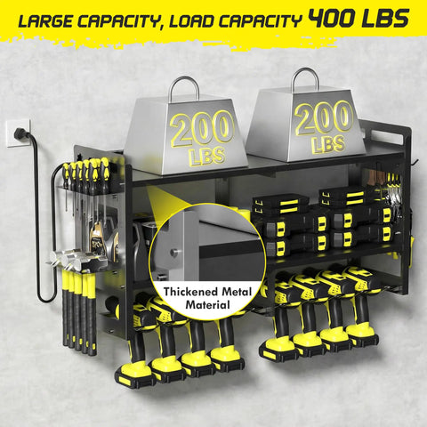 Power Tool Organizer Wall Mount With Charging Station And 3 Tier Heavy Duty Metal Rack Featuring 8 Drill Holders And 6Ft Power Strip
