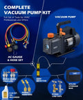 Heavy Duty Auto AC Vacuum Pump Kit With Four CFM One Third HP Motor Plus Four Way Manifold Gauge Leak Detector And R134a R22 R410a Refrigerant Lines, featuring vacuum pump, hoses, and leak detector.