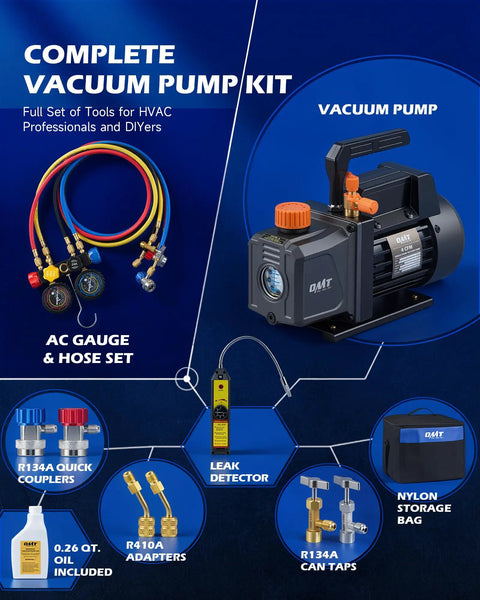 Heavy Duty Auto AC Vacuum Pump Kit With Four CFM One Third HP Motor Plus Four Way Manifold Gauge Leak Detector And R134a R22 R410a Refrigerant Lines, featuring vacuum pump, hoses, and leak detector.