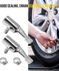Go To Tool 2 Pack Quarter Inch Lock On Air Chuck Slick Thumb Press Design Tough As Nails Metal Build Zero Leak Seal Ideal For Bike Motorcycle Tire Inflation And Fast Hose Fixes showing two metal chucks with a hand attaching to bike tire.