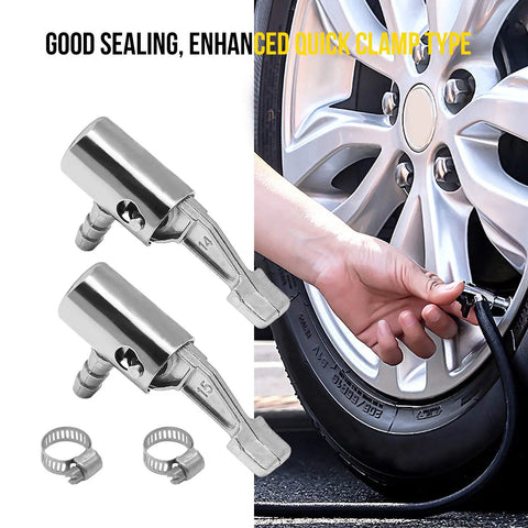Go To Tool 2 Pack Quarter Inch Lock On Air Chuck Slick Thumb Press Design Tough As Nails Metal Build Zero Leak Seal Ideal For Bike Motorcycle Tire Inflation And Fast Hose Fixes showing two metal chucks with a hand attaching to bike tire.