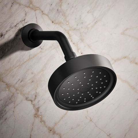Purist Single Function Showerhead With Matte Black Finish, 2.5 GPM Flow, High Pressure Sprayface With 66 Nozzles on marble wall