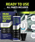 Head Gasket Leak Tester Kit With Universal Radiator Adapter, Over 100 Tests, All In One Combustion Leak Detector For Cars Trucks And SUVs, Includes 8oz Leak Detection Fluid with testing device and adapter shown.