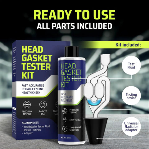 Head Gasket Leak Tester Kit With Universal Radiator Adapter, Over 100 Tests, All In One Combustion Leak Detector For Cars Trucks And SUVs, Includes 8oz Leak Detection Fluid with testing device and adapter shown.