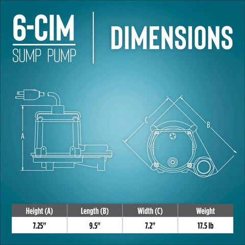 Line drawing with dimensions of Manual Submersible Sump Pump For Sump Systems And Dewatering, 115 Volt, 1/3 HP, 2750 GPH