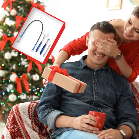 Couple exchanging gifts by a Christmas tree with Four Piece Telescoping Magnetic Pick Up Tool Kit With Flexible Grabber A Real Workhorse For Reaching Under Cars Two Magnetic Pick Up Tools 2 Lb And 16 Lb And Four Claw Grabbers Plus Telescoping Inspection Mirror For Auto Repair And Car Maintenance inset.