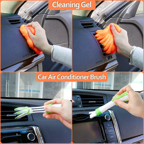 Using Orange Must Have All In One Car Detailing Kit cleaning gel and air vent brush on car dashboard vents.