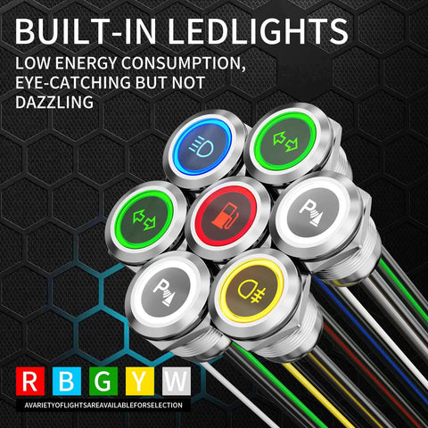 Two Pack 19mm Latching Push Button Switch Stainless Steel IP67 Waterproof LED Indicator With 185 Interchangeable Symbols in a group