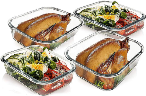 Mega Size Glass Food Storage Set With Lids, Two 80 Oz And Two 36 Oz Containers, Airtight Borosilicate Glass filled with meals