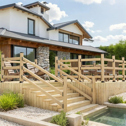Heavy Duty Deck Railing Bracket Connectors for 2x4 Wood Posts, 40 Piece Set with Wood Screws, durable PP plastic, installed on patio.