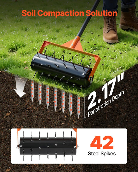 Rolling Lawn Aerator With 15 Inch Drum 42 Steel Spikes And 60 Inch Long Handle Fillable Weight Drum For Added Penetration