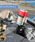 Lightweight Pneumatic Roofing Nailer 15 Degree Coil Nail Gun shows single-sequential and contact fire mode on asphalt shingles.
