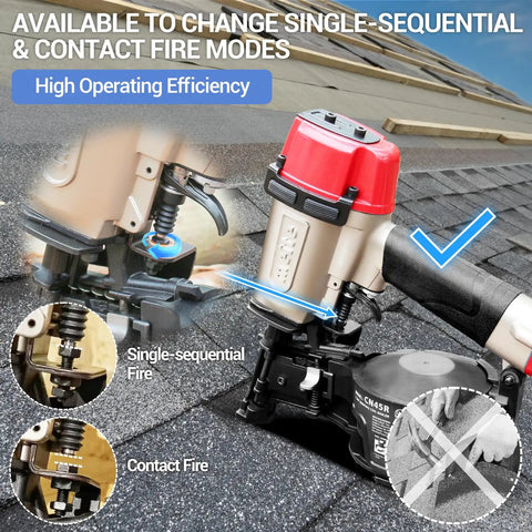 Lightweight Pneumatic Roofing Nailer 15 Degree Coil Nail Gun shows single-sequential and contact fire mode on asphalt shingles.