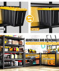 Before and after image showing Built Like A Tank Five Tier Garage Shelving Rack With Hefty Steel Build adjustments with tools.