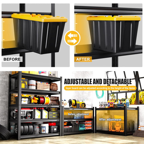 Before and after image showing Built Like A Tank Five Tier Garage Shelving Rack With Hefty Steel Build adjustments with tools.