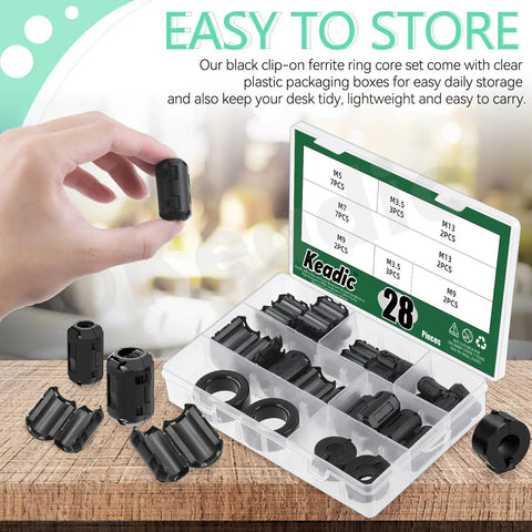 Hand holding Clip-On Ferrite Ring Core EMI RFI Noise Suppressor Kit, 32-Piece Cable Clip Set for organizing cables