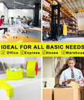 Collage showing Heavy Duty Light Yellow Packing Tape Refills, 2.5 Mil Thick, 63 Mic Adhesion in office, warehouse, and packaging settings.