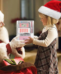 Girl with Santa holding ATM Piggy Bank For Kids Kid Friendly With Talking Debit Card And Digital Coin Counter Real Money Counting