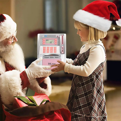Girl with Santa holding ATM Piggy Bank For Kids Kid Friendly With Talking Debit Card And Digital Coin Counter Real Money Counting