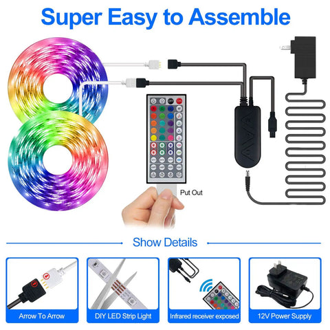 Color Changing LED Strip Lights 100 Feet Bluetooth Remote Music Sync For Bedroom Home Party And Decor setup and components.