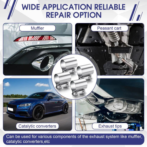 Four Pack Three Inch Exhaust Clamps Stainless Steel Muffler Band Sleeve Couplers for Pipes and Catalytic Converters displayed