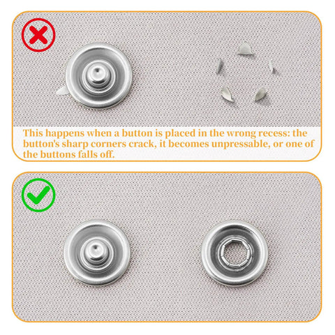 Comparison of incorrect and correct installation of 100 Full Snap Button Sets 9.5mm Metal Snaps With Silver Hollow Prongs for DIY projects.