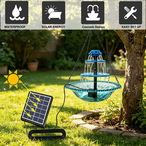 Three Tier Solar Powered Hanging Bird Bath Fountain With Cascading Water Flow To Attract Hummingbirds And Wild Birds, 16.4 Foot Extra Long Cord, installed in garden