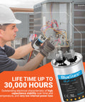 Technician installing UL Certified 25uF Round Motor Run Capacitor for 370V or 440V AC compatible with air conditioners