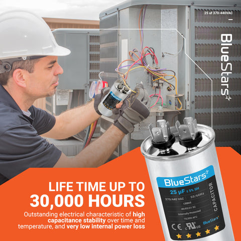 Technician installing UL Certified 25uF Round Motor Run Capacitor for 370V or 440V AC compatible with air conditioners
