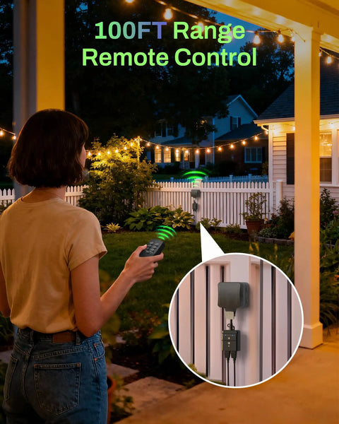Person using an Outdoor Timer With 100 Ft Remote And Light Sensor Dusk To Dawn Auto On Off Countdown Timer for garden lights.