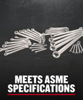 Wrench Set 32-Piece SAE And Metric With 12-Point Box End, 15-Degree Offset, Full Polish Chrome Finish, arranged on dark surface