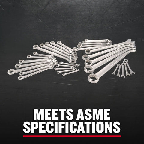 Wrench Set 32-Piece SAE And Metric With 12-Point Box End, 15-Degree Offset, Full Polish Chrome Finish, arranged on dark surface